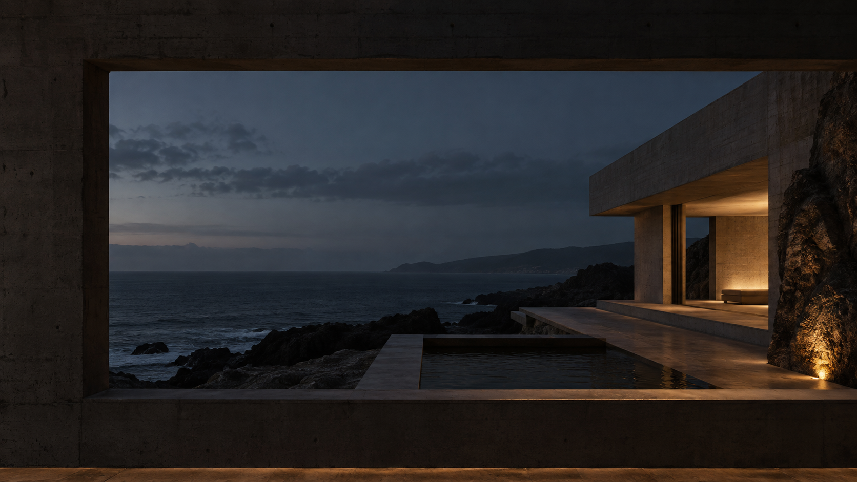 A quiet architectural space at dusk