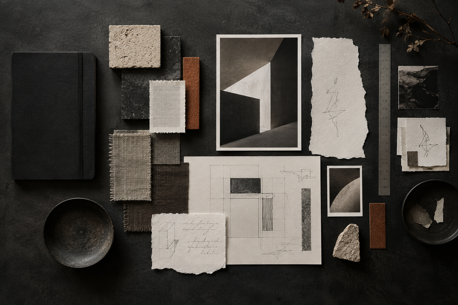 Creative references arranged on a worktable
